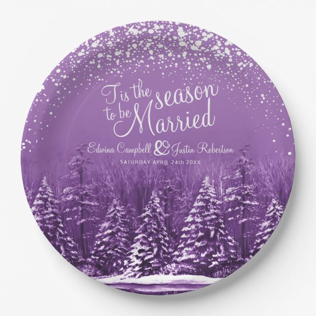 Winter wedding pine trees lake purple art paper plate (Front)