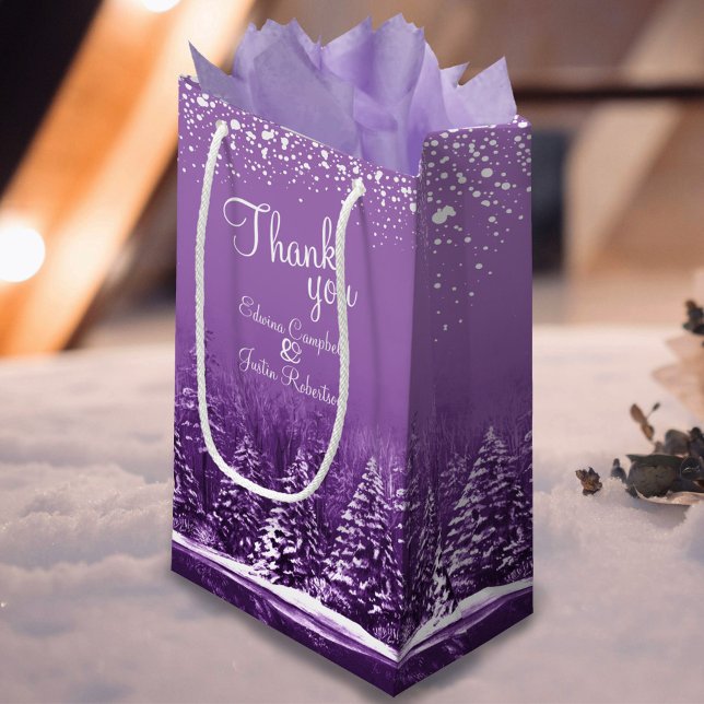 Winter wedding pine trees purple art thank you small gift bag (Creator Uploaded)