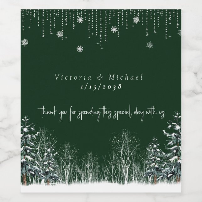 Winter Wedding Pine Trees Snowflakes Wine Label (Single Label)