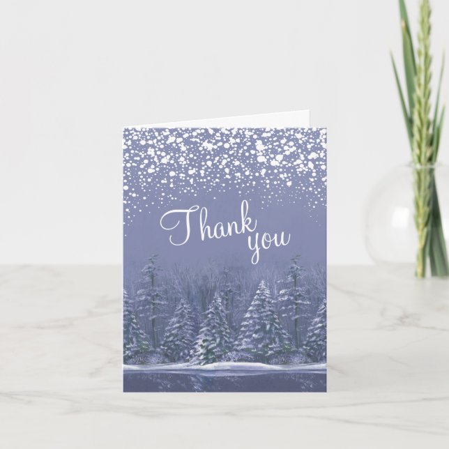 Winter wedding pines trees blue thank you cards (Front)