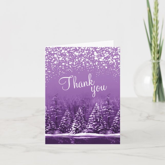 Winter wedding pines trees purple thank you cards (Front)