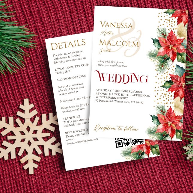 Winter wedding poinsettia gold all in one template (Winter wedding watercolor poinsettia red and gold all in one template invitation digital download)