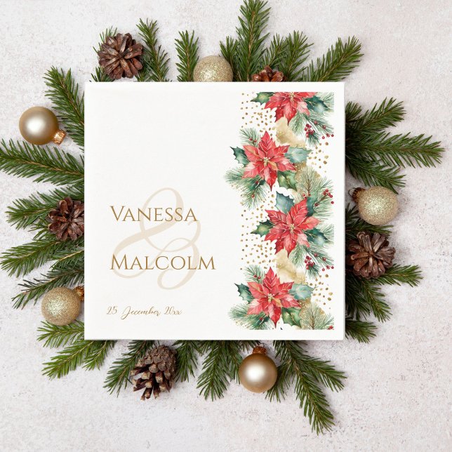 Winter wedding poinsettia gold template napkin (Winter Christmas wedding  red poinsettia gold sprinkles template napkins personalized tableware)