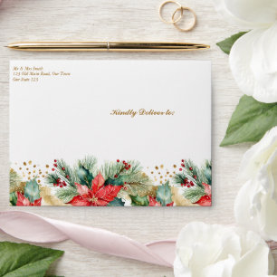 Winter wedding poinsettia red and gold envelope