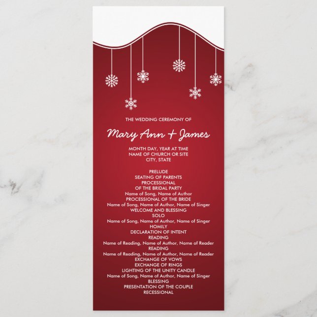 Winter Wedding Program Snowflake Decoration Red Programme (Front)