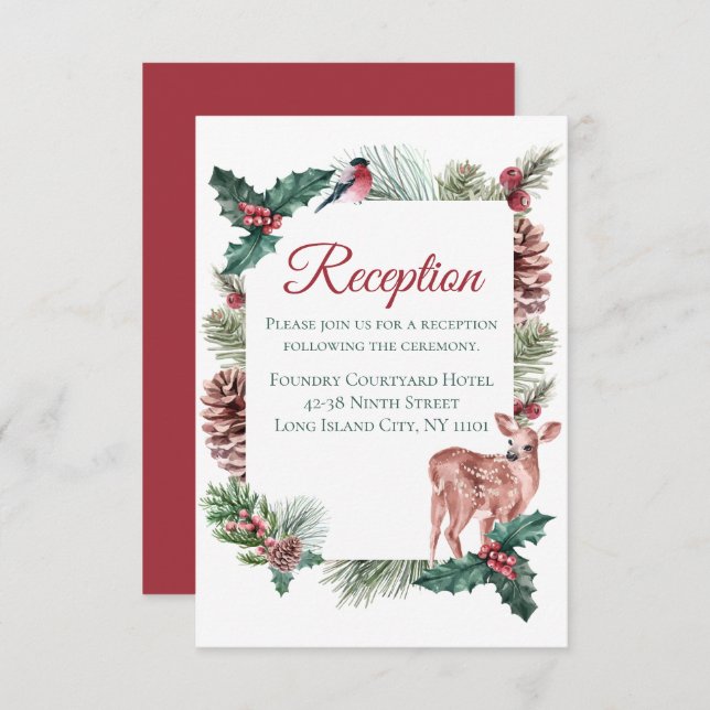 Winter Wedding Reception Christmas Deer Red Floral Invitation (Front/Back)