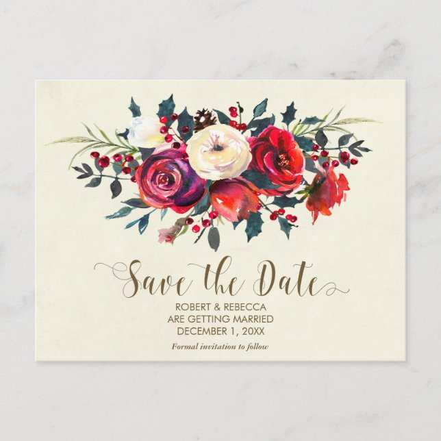winter wedding red berries save the date postcard (Front)