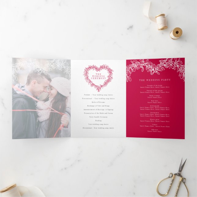 Winter wedding red white mistletoe botanical Tri-Fold programme (Inside)