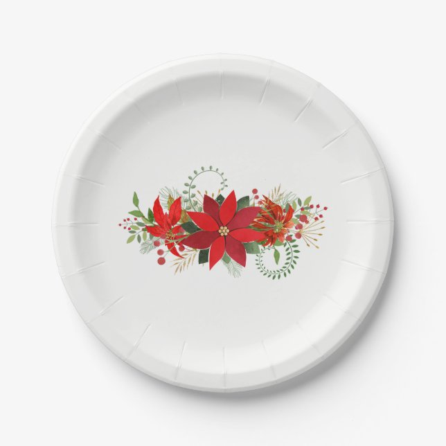 Winter Wedding Red White Poinsettia Holiday Party Paper Plate (Front)