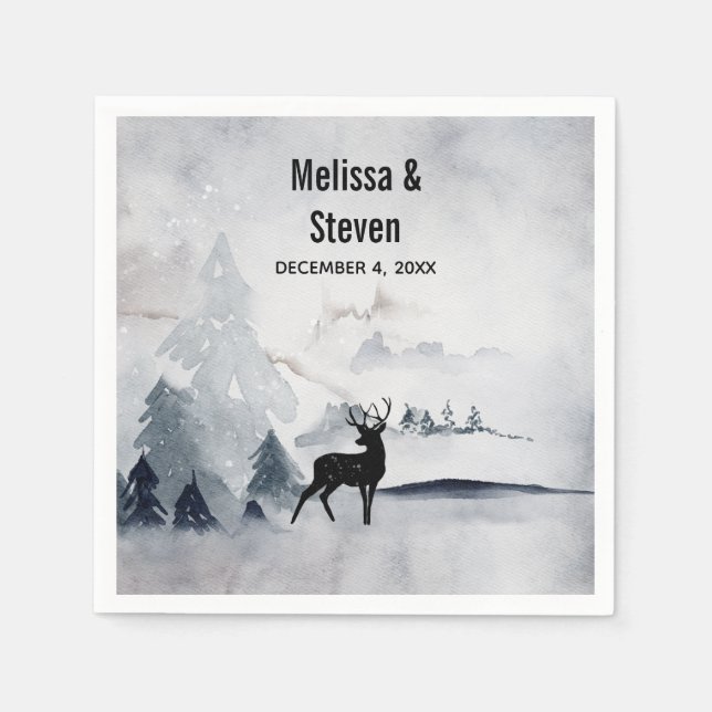Winter Wedding Reindeer Rustic Grey Watercolor Napkin (Front)
