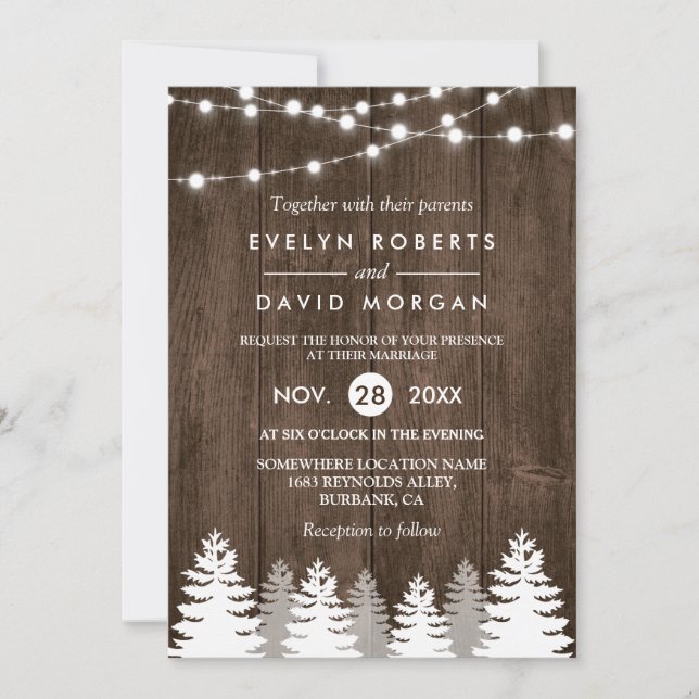 Winter Wedding Rustic Wood String Lights Pine Tree Invitation (Front)