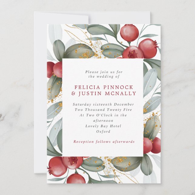 Winter Wedding Sage Green & Red Berries  Invitation (Front)