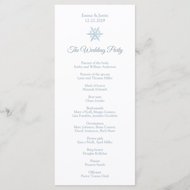 Winter Wedding Silver Blue Snowflake Rackckard Programme (Front)