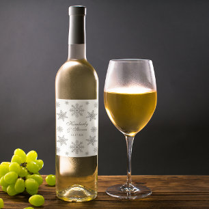 Winter Wedding Silver Snowflake  Wine Label