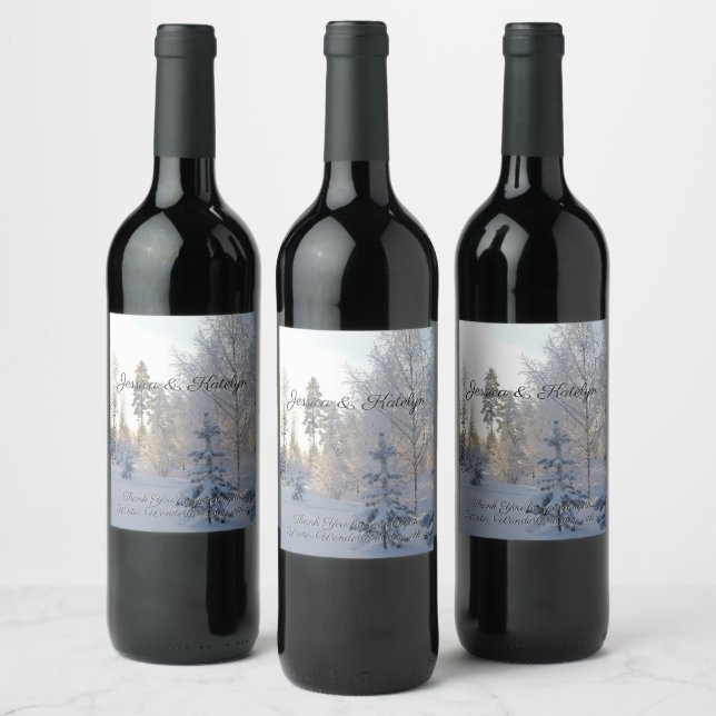 Winter Wedding Snow Covered Pine Trees Wine Label (Bottles)