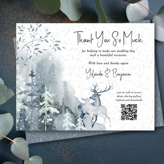 Winter Wedding Snow Forest and Deer Thank You Card (Thank you card with photo sharing qr code from the Snow Forest wedding collection by Darling & May)