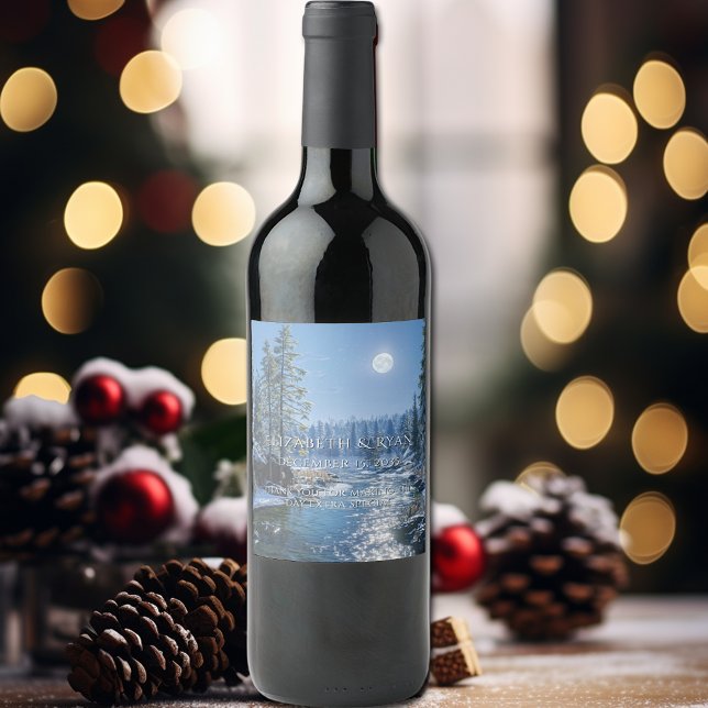 Winter Wedding Snow River Trees Full Moon Wine Label (Creator Uploaded)