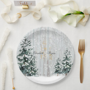 Winter Wedding Sparkle Snowflakes Pine Trees  Paper Plate