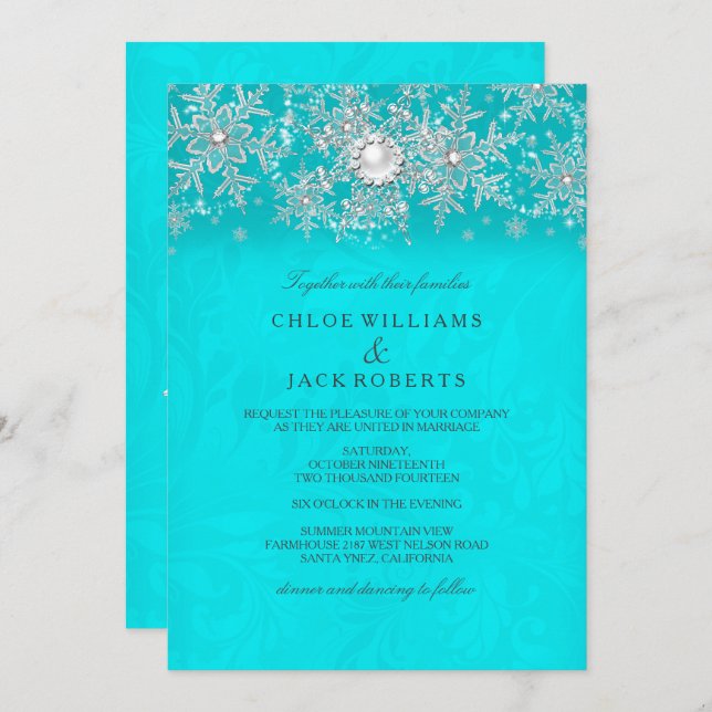 Winter Wedding Teal Crystal Pearl Snowflake Silver Invitation (Front/Back)