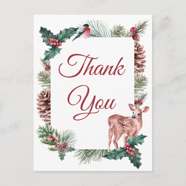 Winter Wedding Thank You Christmas Deer Floral Postcard (Front)