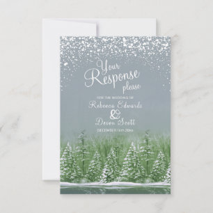 Winter wedding trees art green grey reply card