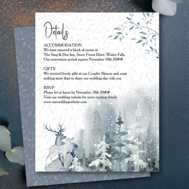 Winter Wedding Watercolor Snow Forest Details Enclosure Card (Wedding Details Card from the Snow Forest wedding collection by Darling & May)