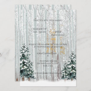Winter Wedding White Birch Pine Trees Snow Invitation