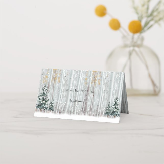 Winter Wedding White Birch Pine Trees Snow Place Card (Front)