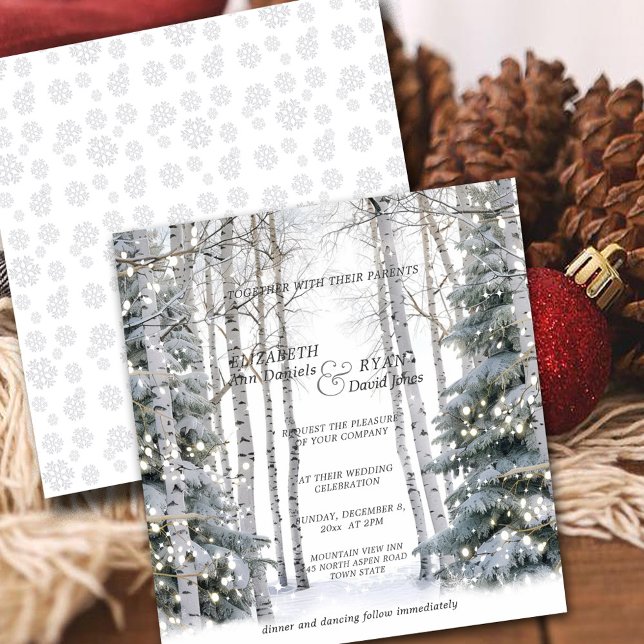 Winter Wedding White Birch Snowflakes Pine Trees Invitation (Creator Uploaded)