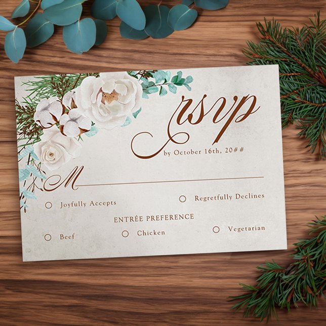 Winter Wedding White Rose RSVP with Meal Options (Winter Wedding and Meal RSVP Card with elegant calligraphy, white rose, pine and eucaluptus)