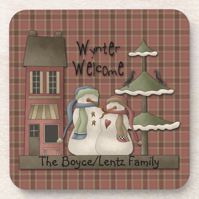 Winter Welcome Primitive Snowmen Cork Coaster (Front)