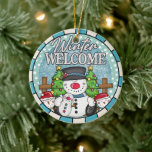Winter Welcome Snowman Family Christmas  Ceramic Tree Decoration<br><div class="desc">Bring a warm and whimsical touch to your holiday décor with this Winter Welcome ornament. Featuring a happy snowman family,  festive trees,  and bold lettering,  this round Christmas ornament is perfect for welcoming guests with seasonal cheer. Makes a fun and charming keepsake or gift for any winter-loving family.</div>
