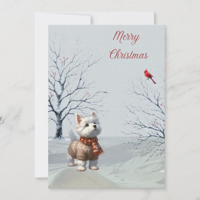 Winter Westie and Cardinal Christmas Card (Front)
