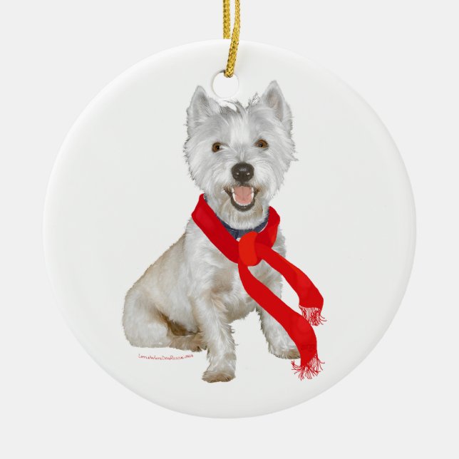 Winter Westie in a Red Scarf Ceramic Tree Decoration (Front)