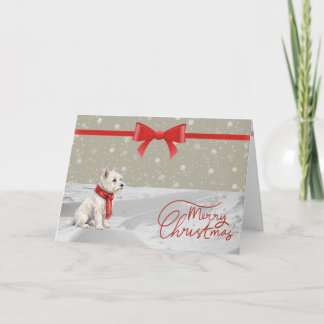 Winter Westie with Red Ribbon Christmas Card