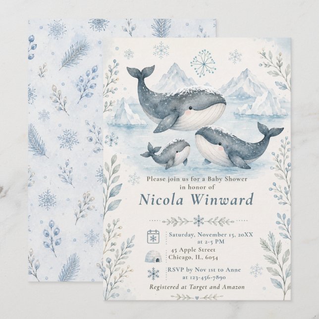 Winter Whale Baby Shower Invitation (Front/Back)