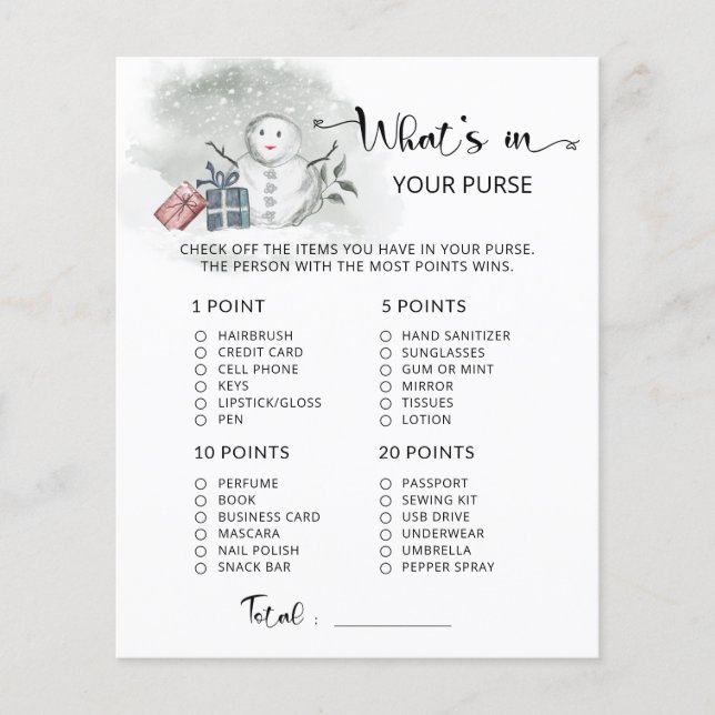 Winter What's in your purse baby shower game (Front)