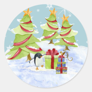 Winter Whimsy Cute Polar Bear Babies in Snow Star Classic Round Sticker