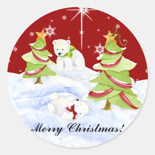 Winter Whimsy Cute Polar Bear Babies in Snow Star Classic Round Sticker (Front)