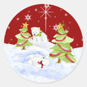 Winter Whimsy Cute Polar Bear Babies in Snow Star Classic Round Sticker