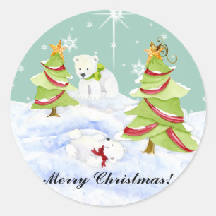 Winter Whimsy Cute Polar Bear Babies in Snow Star Classic Round Sticker