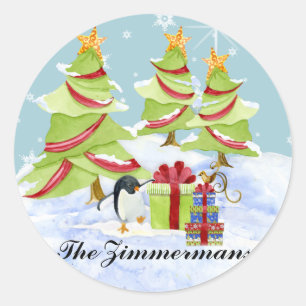 Winter Whimsy Cute Polar Bear Babies in Snow Star Classic Round Sticker