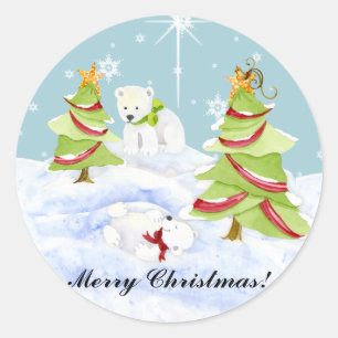 Winter Whimsy Cute Polar Bear Babies in Snow Star Classic Round Sticker