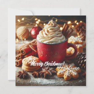 Winter whipped cream hot coffee in a red mug  holiday card