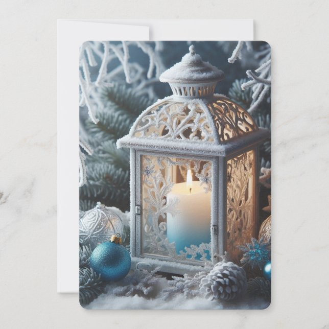 Winter White and Blue Frosted Lantern  Holiday Card (Front)