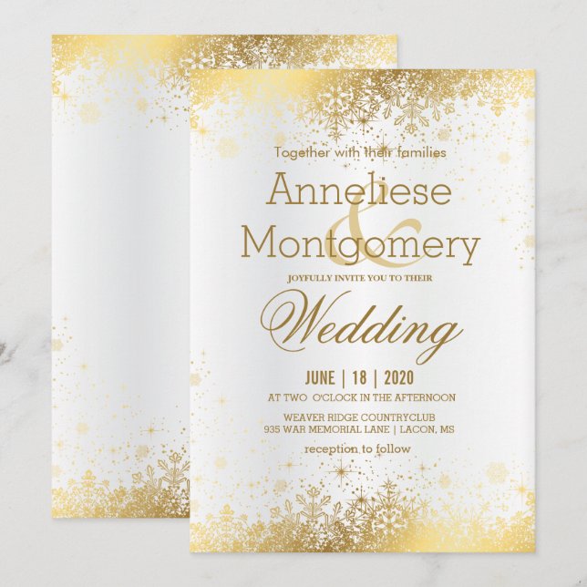 Winter White and Gold Snowflakes Wedding Invitation (Front/Back)