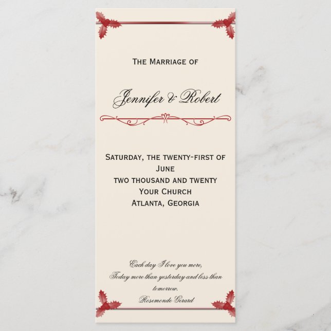 Winter White and Red Mistletoe Wedding Program Programme (Front)