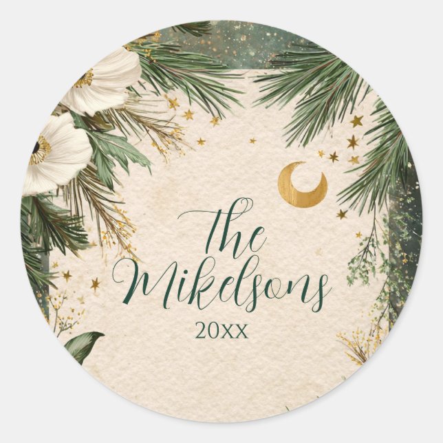 Winter White Anemone Christmas Party Classic Round Sticker (Front)