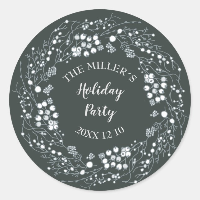 Winter white berries floral wreath on velvet green classic round sticker (Front)