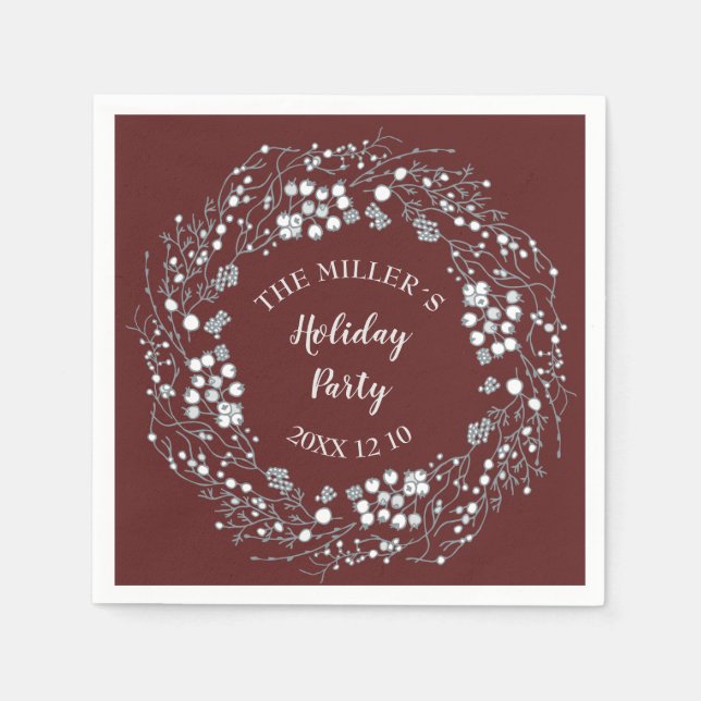 Winter White berries wreath on velvet red Napkin (Front)